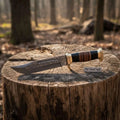 Hammer Forged Damascus Clip Point Bowie Knife with Resin & Stacked Leather Handle
