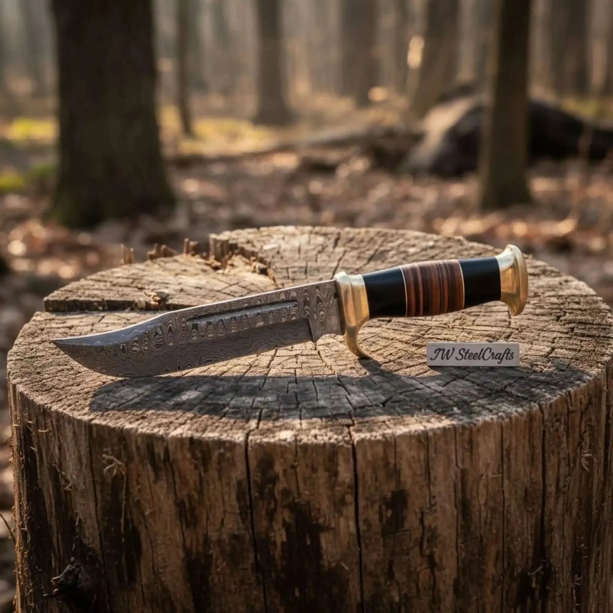 Hammer Forged Damascus Clip Point Bowie Knife with Resin & Stacked Leather Handle
