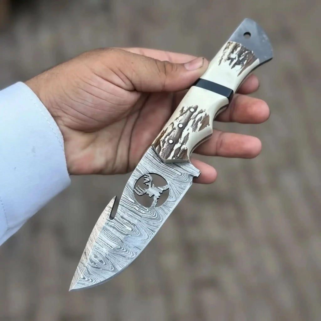 Damascus Gut Hook Hunting Knife with Deer Cutout Blade and Synthetic Stag Handle