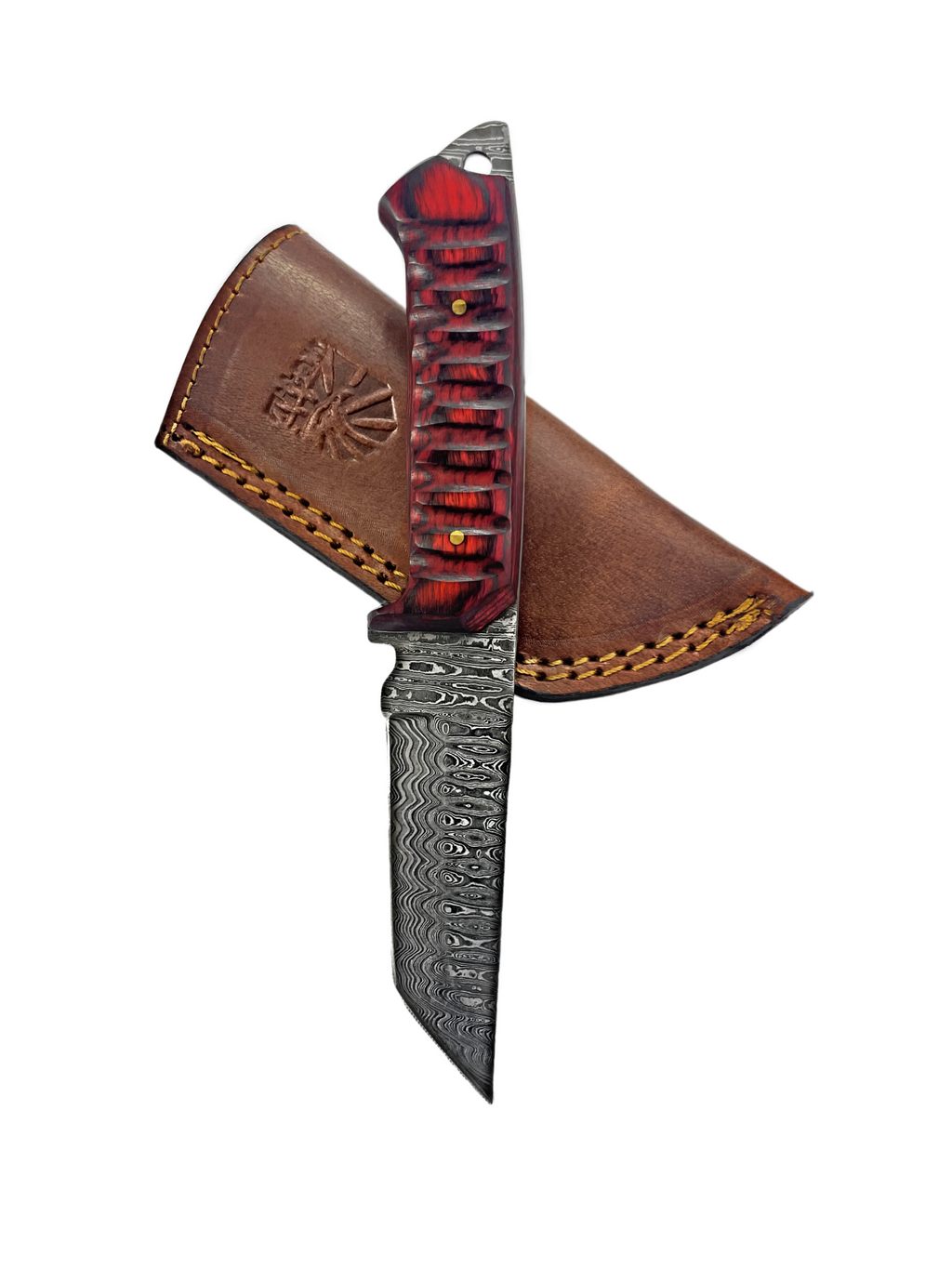 Titan International K Titan Diver EDC knife with Damascus steel blade and cherry wood handle, model TD-275, on display.
