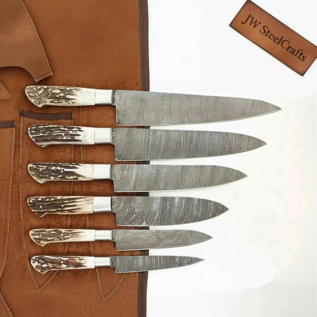 Handmade JW SteelCrafts 7-piece Damascus kitchen knife set with synthetic stag horn handles, brass bolsters, and full tang forged blades