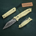 Engraved Brass Bushido Folding Knife with Damascus Drop Point Blade