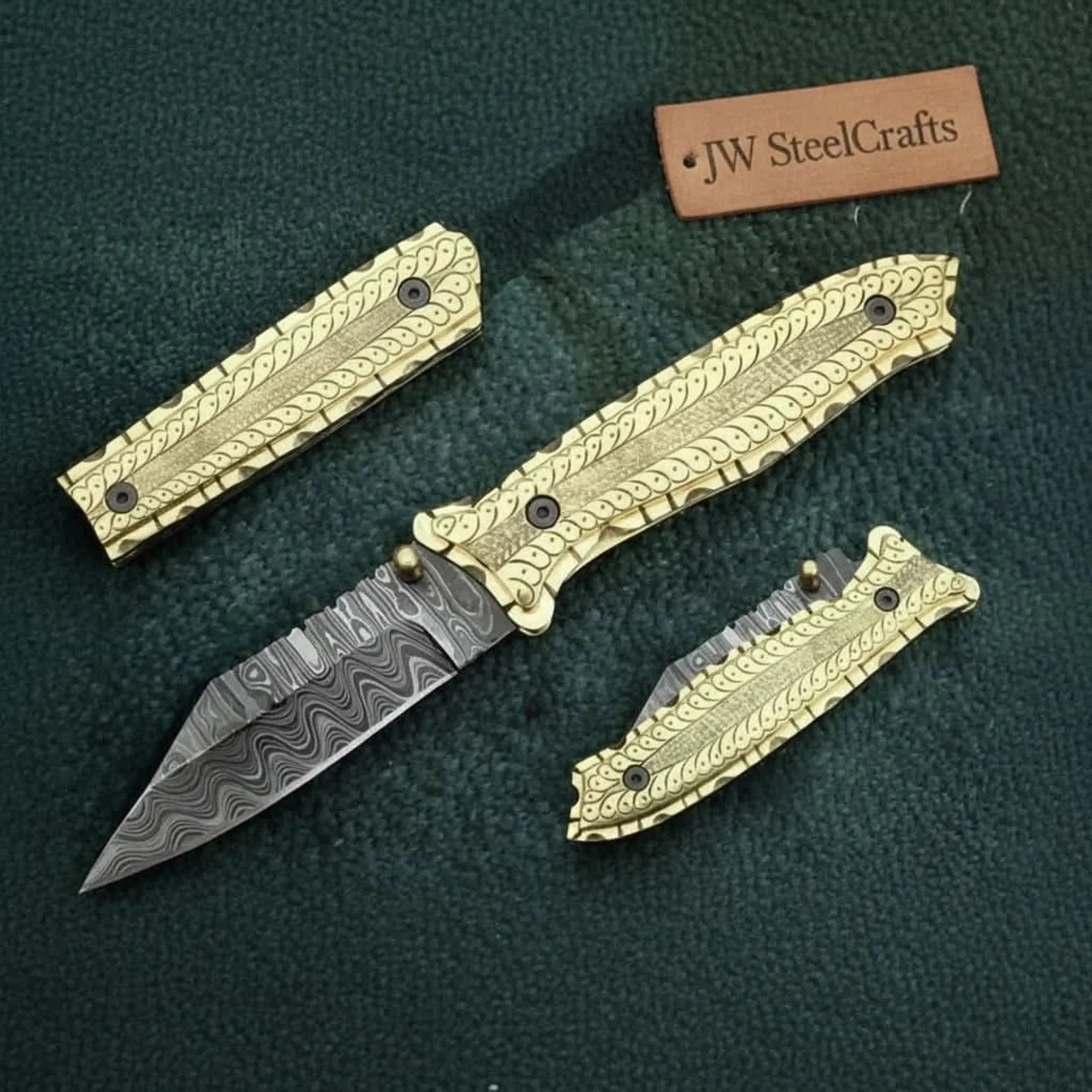 Engraved Brass Bushido Folding Knife with Damascus Drop Point Blade