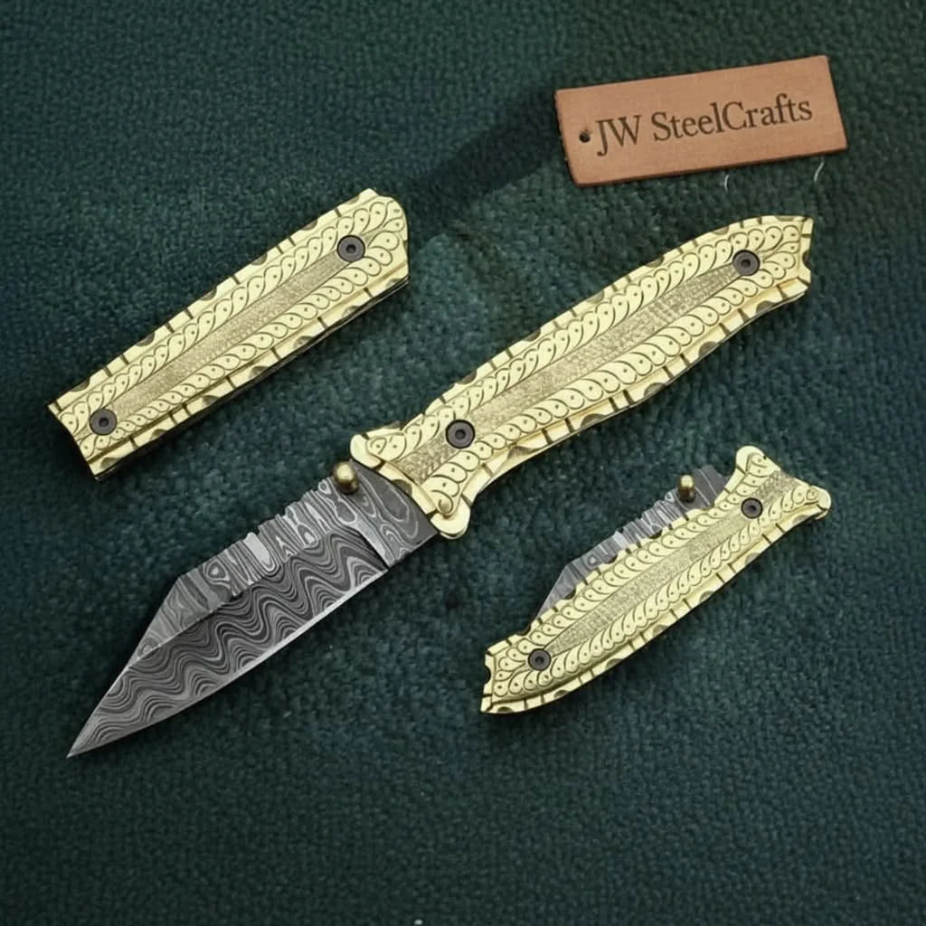 Handmade Damascus Steel Folding Knife with Olive Wood Handle – Brass Liner Pocket Knife