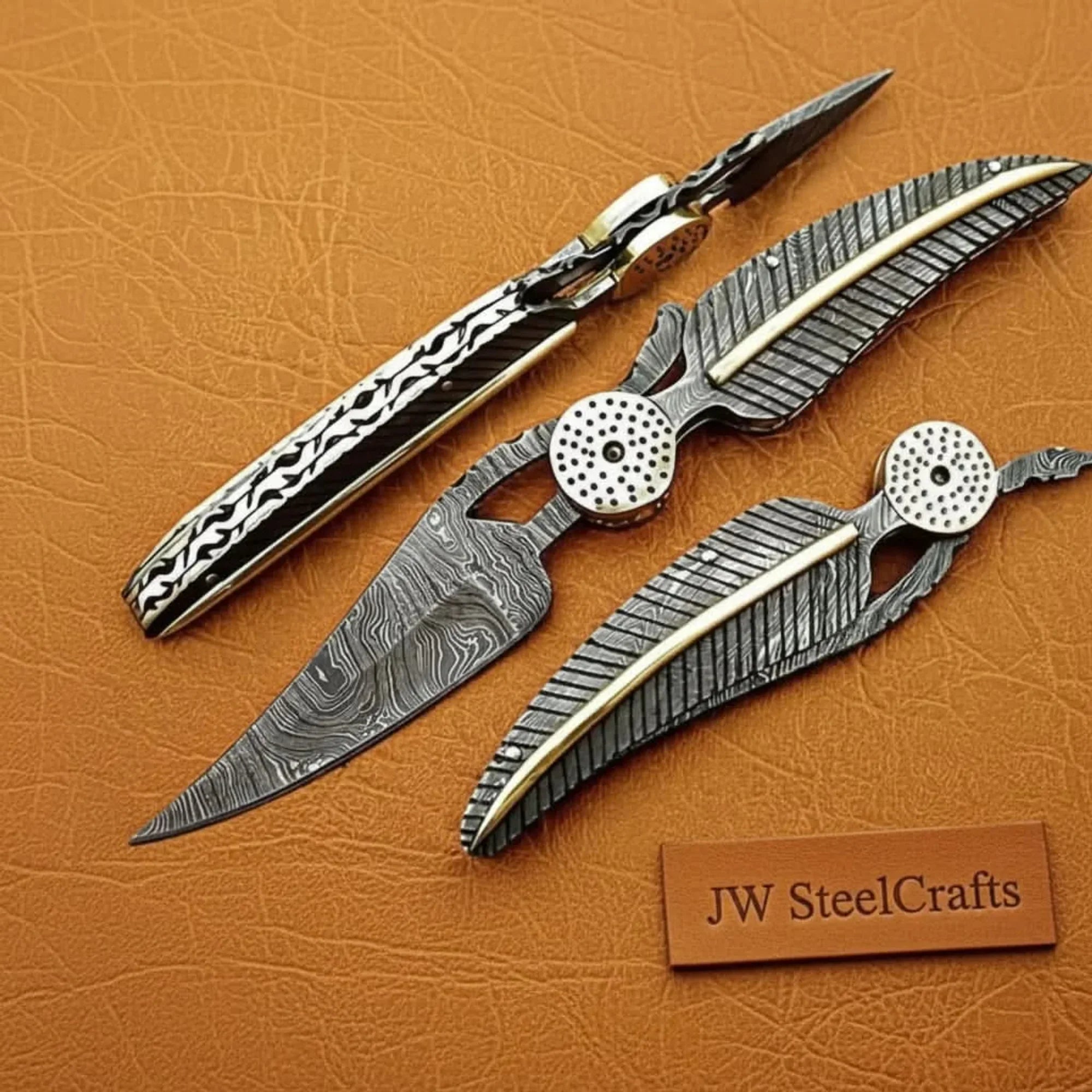 Damascus Leaf Pocket Knife with Brass Accents and Leaf-Style Damascus Blade