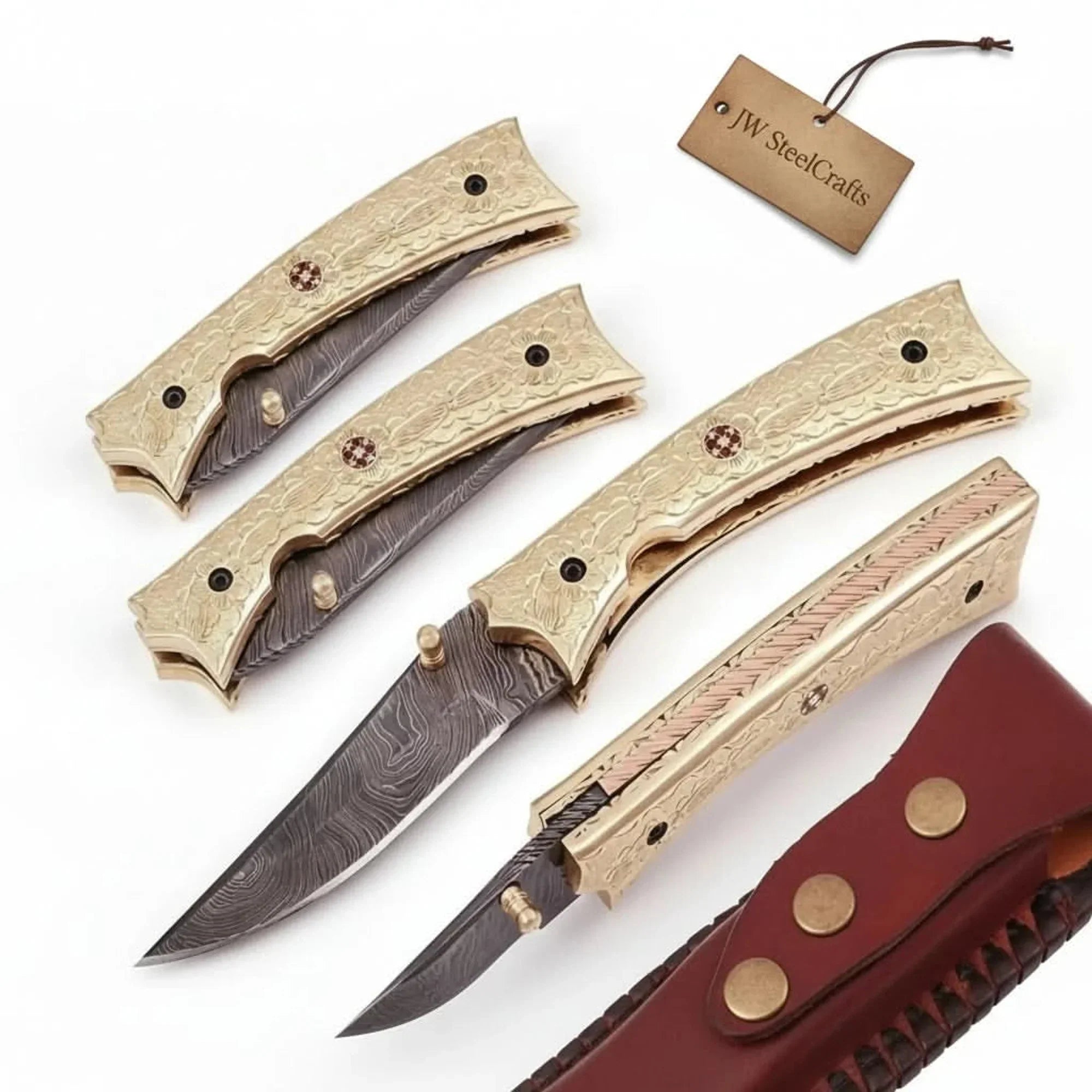 Imperial Bloom Damascus Pocket Knife with Floral Engraved Brass Frame