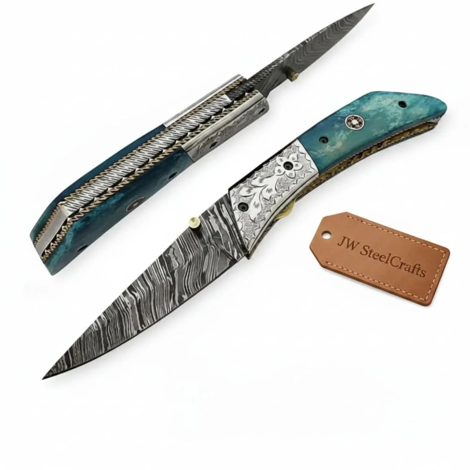 Damascus Teal Pocket Knife with Floral Engraving and Teal Handle