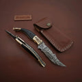 Ratchet Rampuri Buffalo Horn Folding Knife with Damascus Trailing Blade