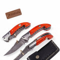 Orange Pakkawood Damascus Pocket Knife with Filework Spine