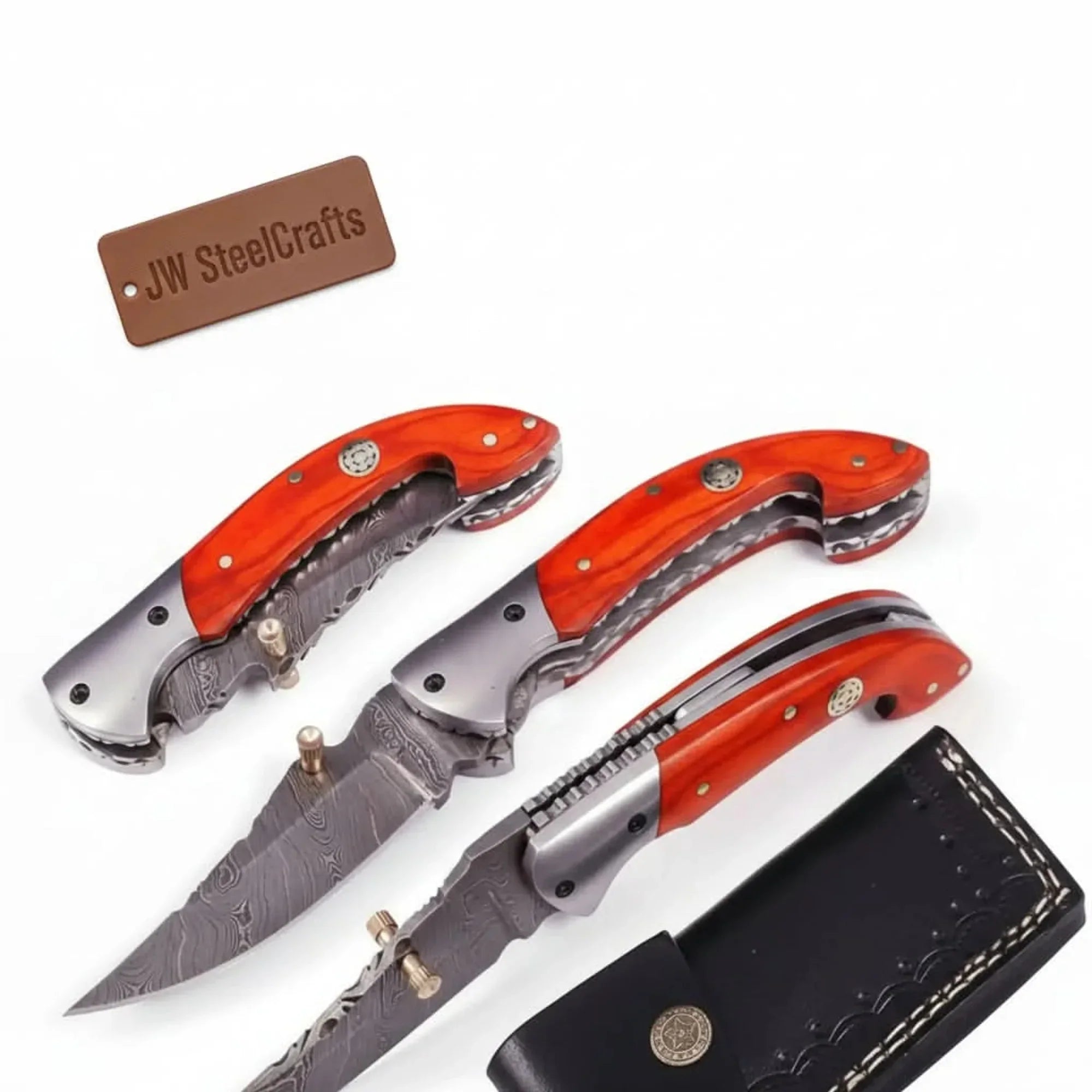 Orange Pakkawood Damascus Pocket Knife with Filework Spine