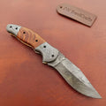 Handmade Damascus Steel Folding Knife with Amber Burl Wood Handle – Custom Pocket Knife by JW SteelCrafts