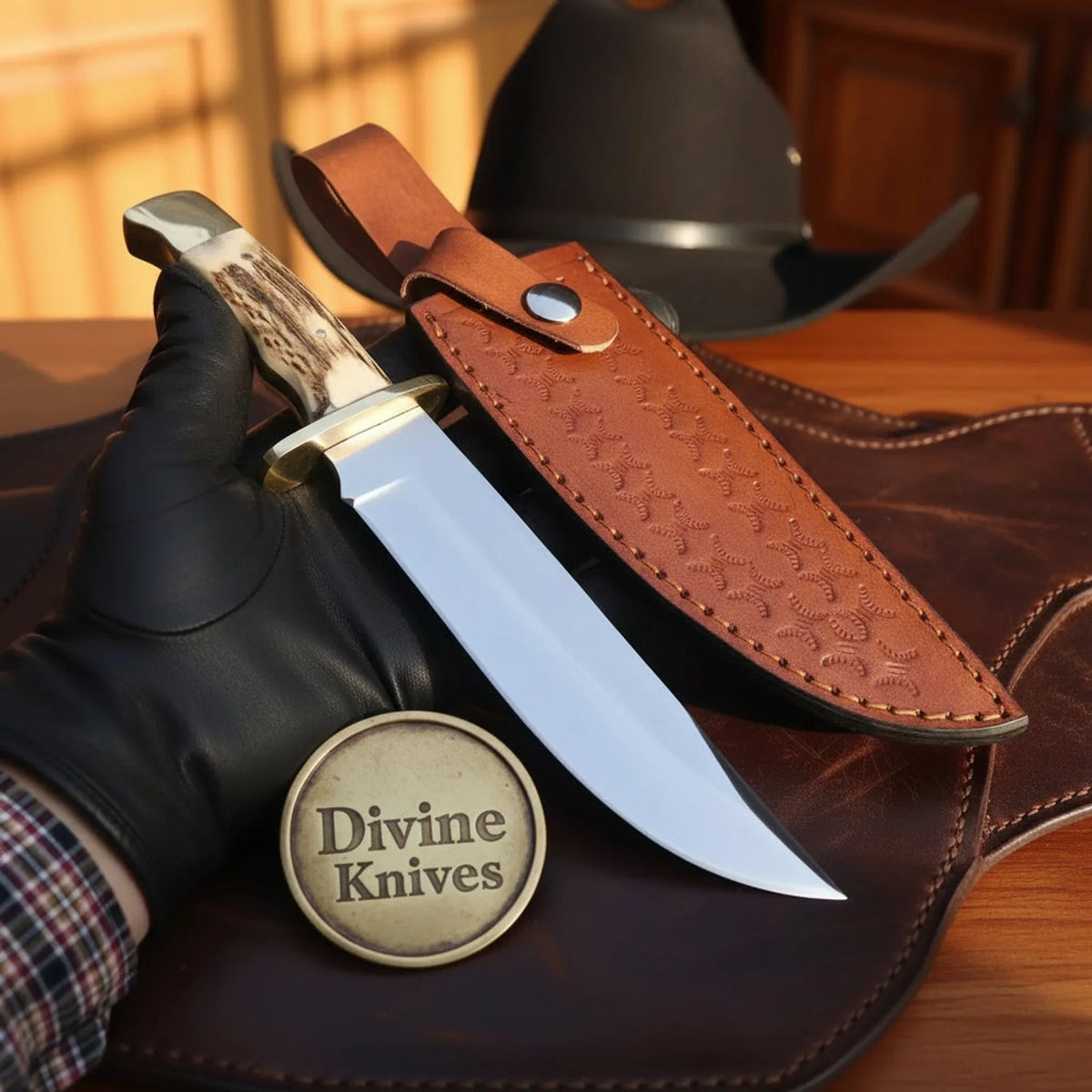 Stag Antler Cowboy Bowie Knife with Brass Guard and Tooled Leather Belt Sheath