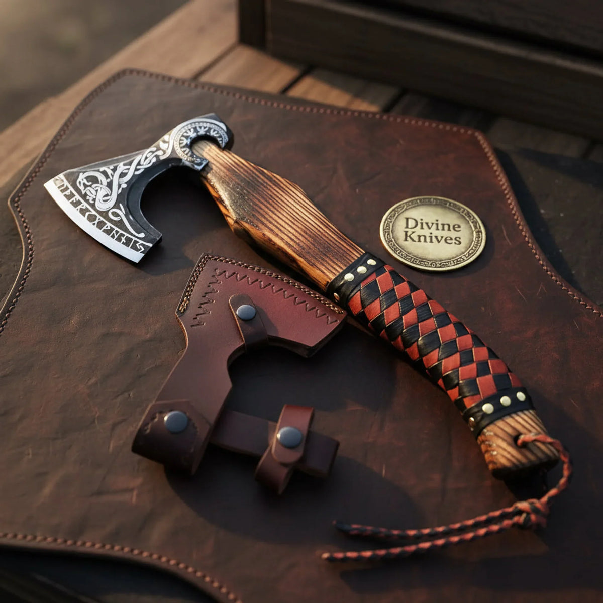 Norse Runic Etched Camp Hatchet with Braided Leather Wrap Handle - Divine Knives | Relic & Reel