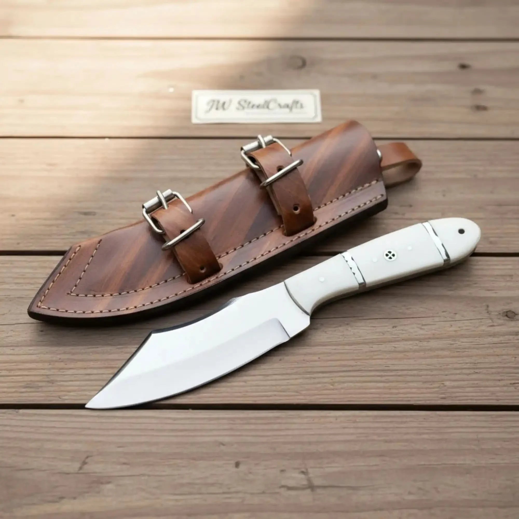 Handmade Carbon Steel Hunting Knife with White Epoxy Resin Handle