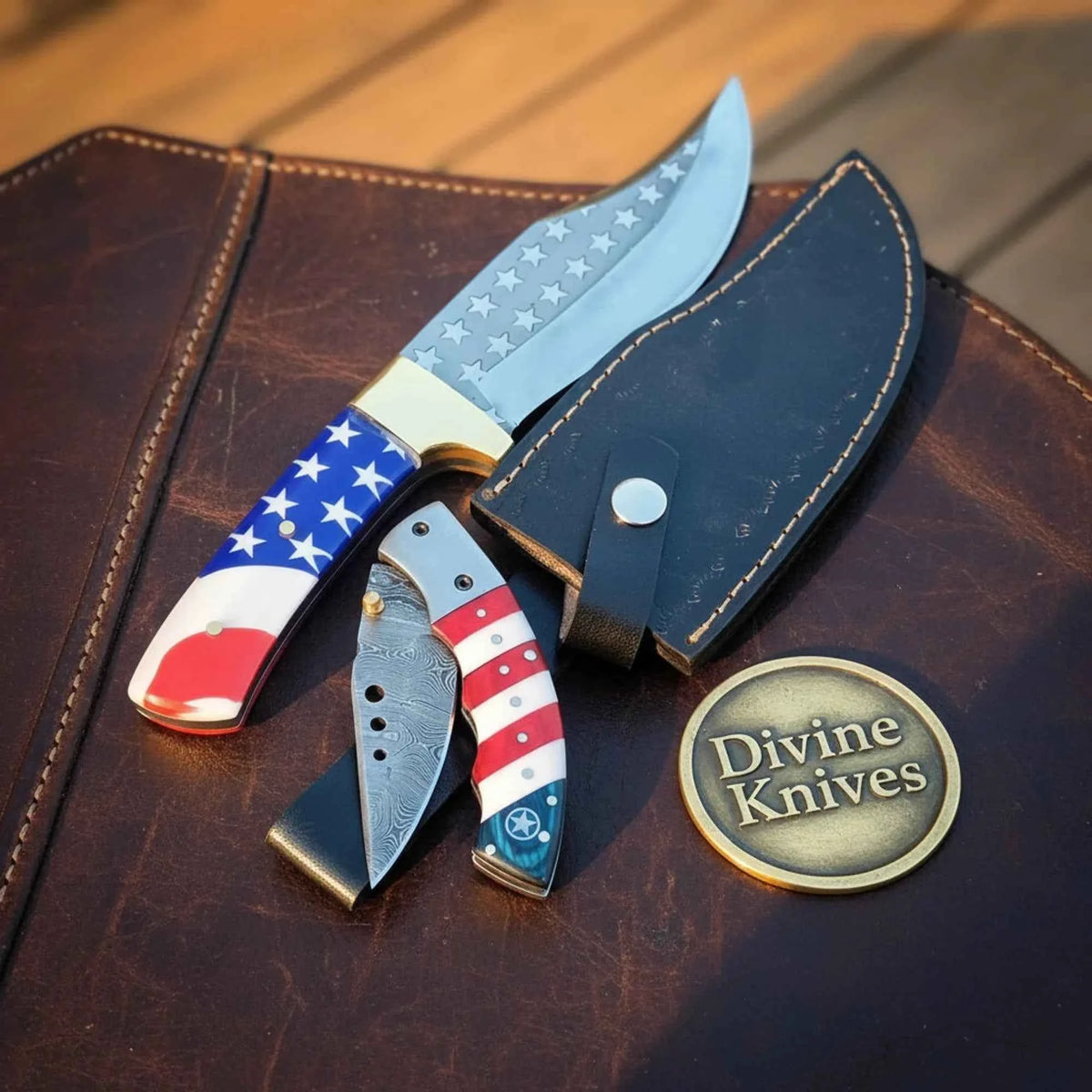 Starfield American Flag Bowie Combo Set with Damascus Folder