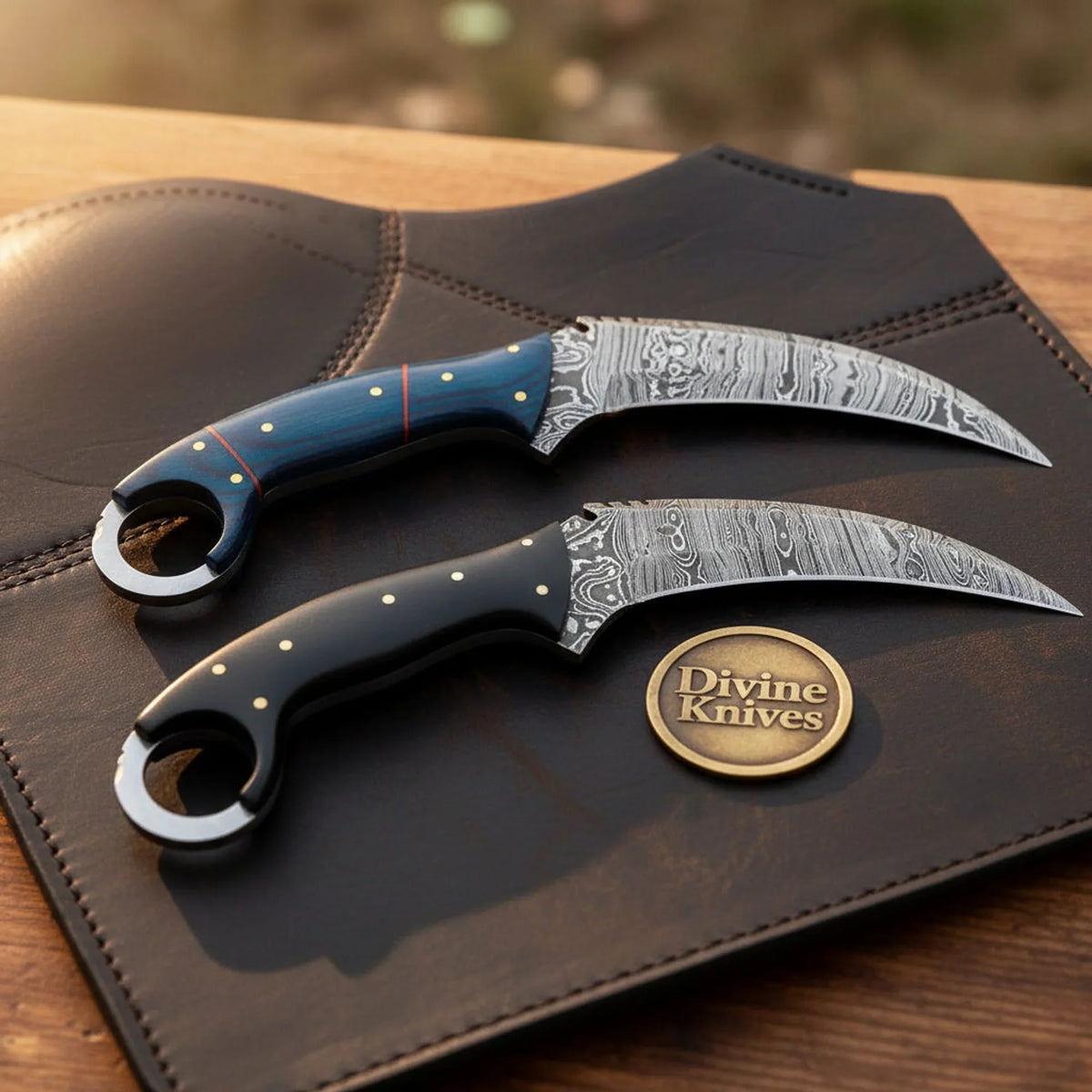 Damascus Apex Karambit Set outdoor fixed blade knives by Divine Knives - Relic & Reel