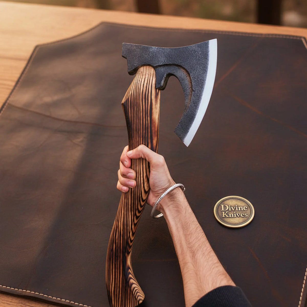 Burnt Wood Forged Viking Bearded Axe with fire scale head - outdoor display axe | Relic & Reel