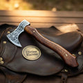 Longship Norse Engraved Viking Axe with Bearded Head and Inlaid Rosewood Haft