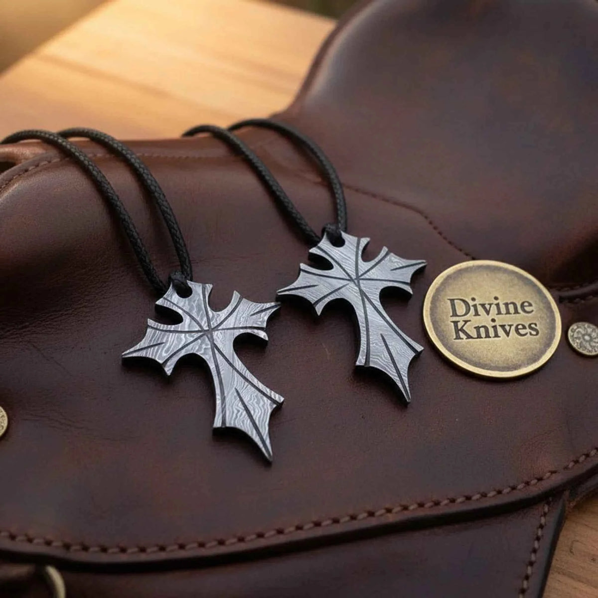 Forged Steel Cross Pendant Necklace Set of 2 with Adjustable Braided Cords