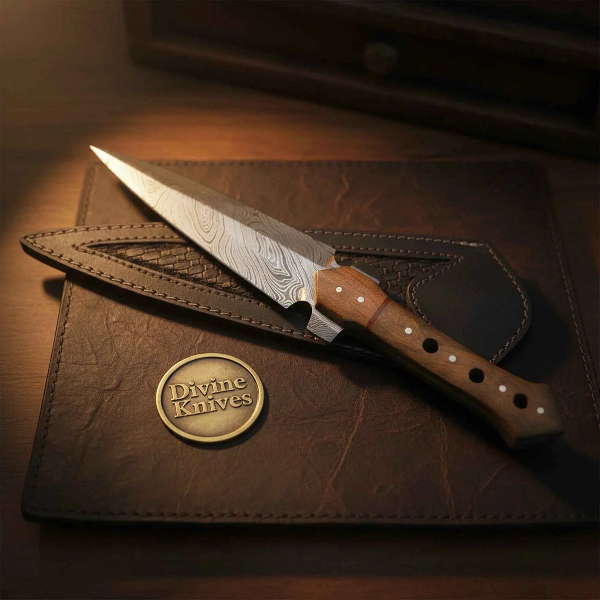 Rosewood Handle Damascus Dagger with Double-Edged Blade