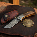 Walnut Handle Folding Knife with Damascus Steel Blade and Crocodile Print Leather Pouch - Divine Knives
