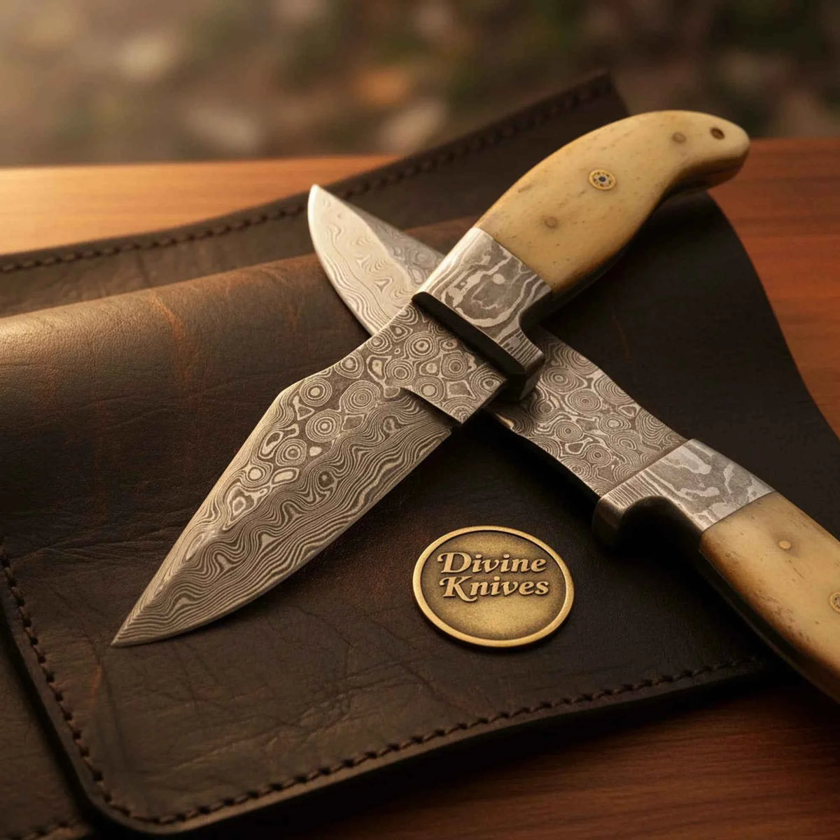 Bone Handle Hunting Knife Set with Two Hand Forged Blades and Shared Leather Roll