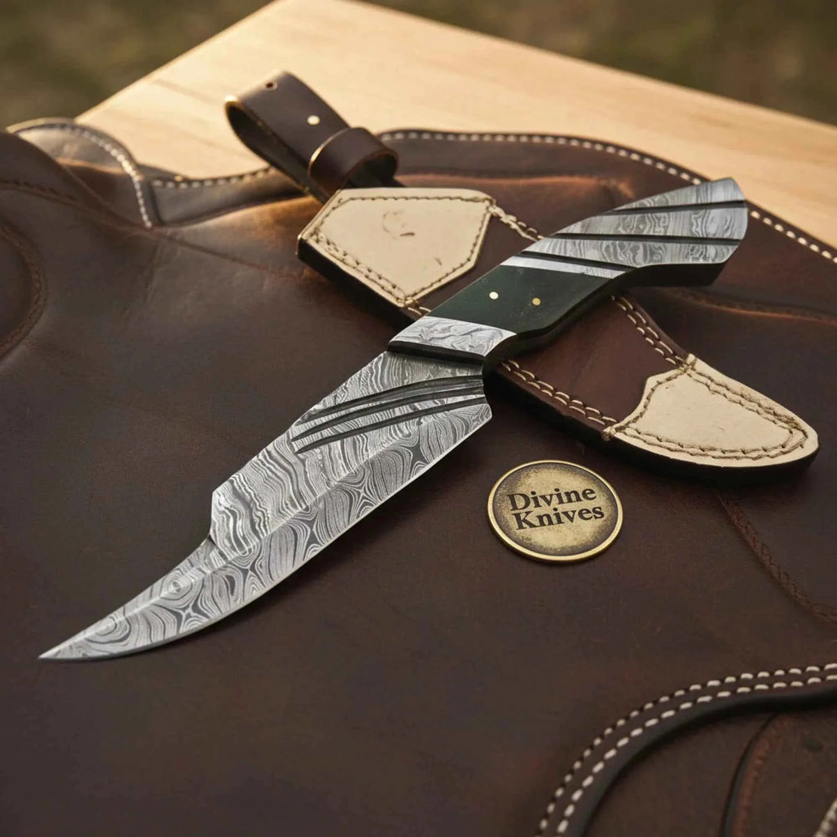 Green Micarta Handle Bowie Knife with Grooved Spine Blade and Two Tone Leather Sheath