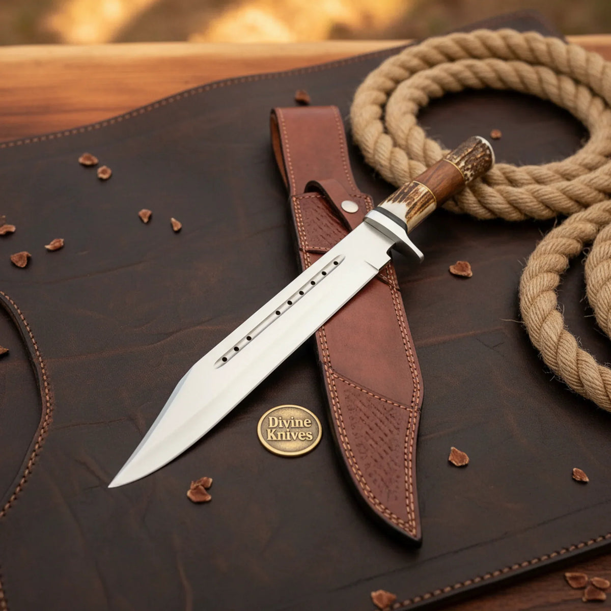 Antler Fuller Blade Rambo Bowie with Antler Rugged Handle - outdoor fixed blade knife | Divine Knives