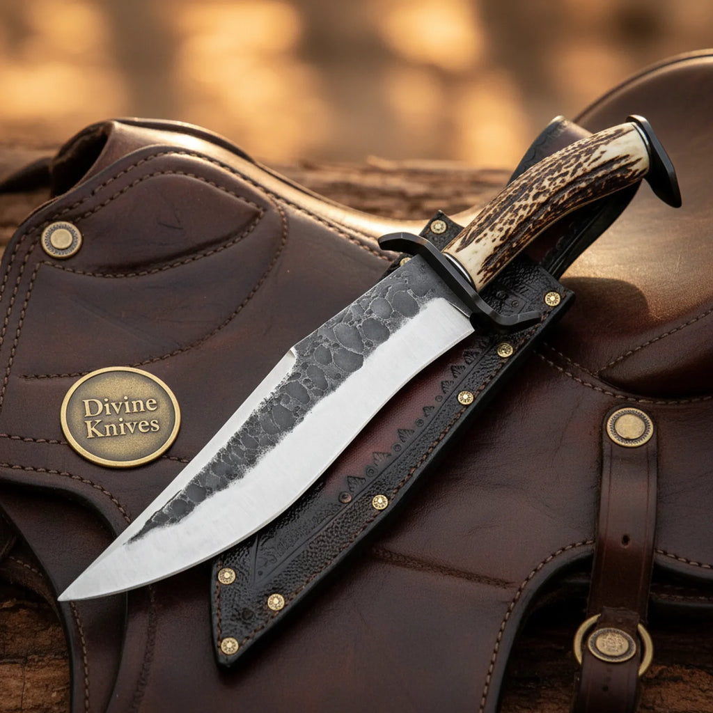 Hammered Coffin Antler Clip-Point Bowie with Angular Grip - Divine Knives | Relic & Reel