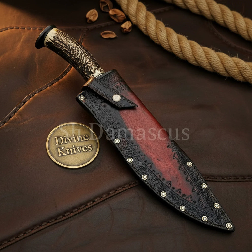 Hammered Coffin Antler Clip-Point Bowie with Angular Grip - outdoor fixed blade knife - Divine Knives
