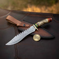 Serrated Spine Bowie Knife with Stag Antler Handle and Hand Forged Layered Blade