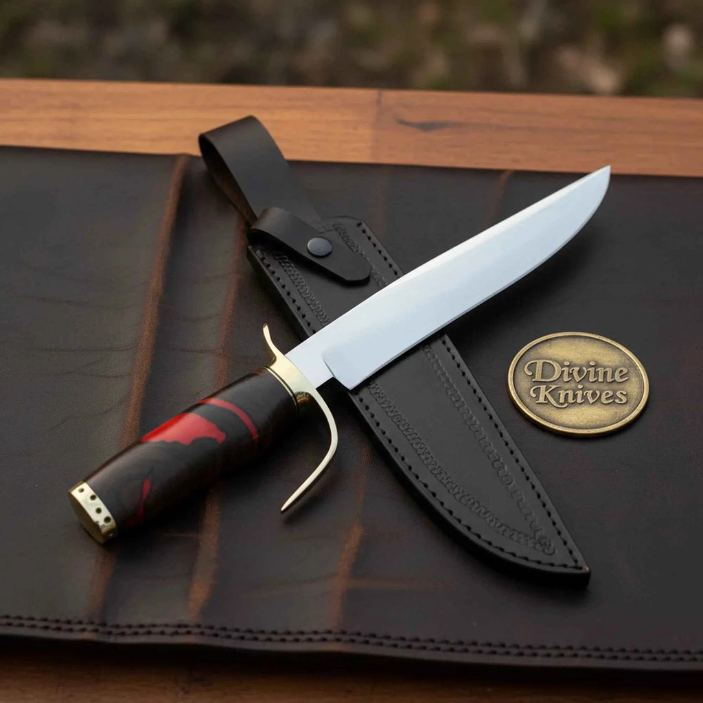 Red Micarta Handle Bowie Knife with Polished Drop Point Blade and Tooled Black Sheath