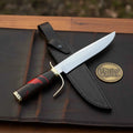 Red Micarta Handle Bowie Knife with Polished Drop Point Blade and Tooled Black Sheath
