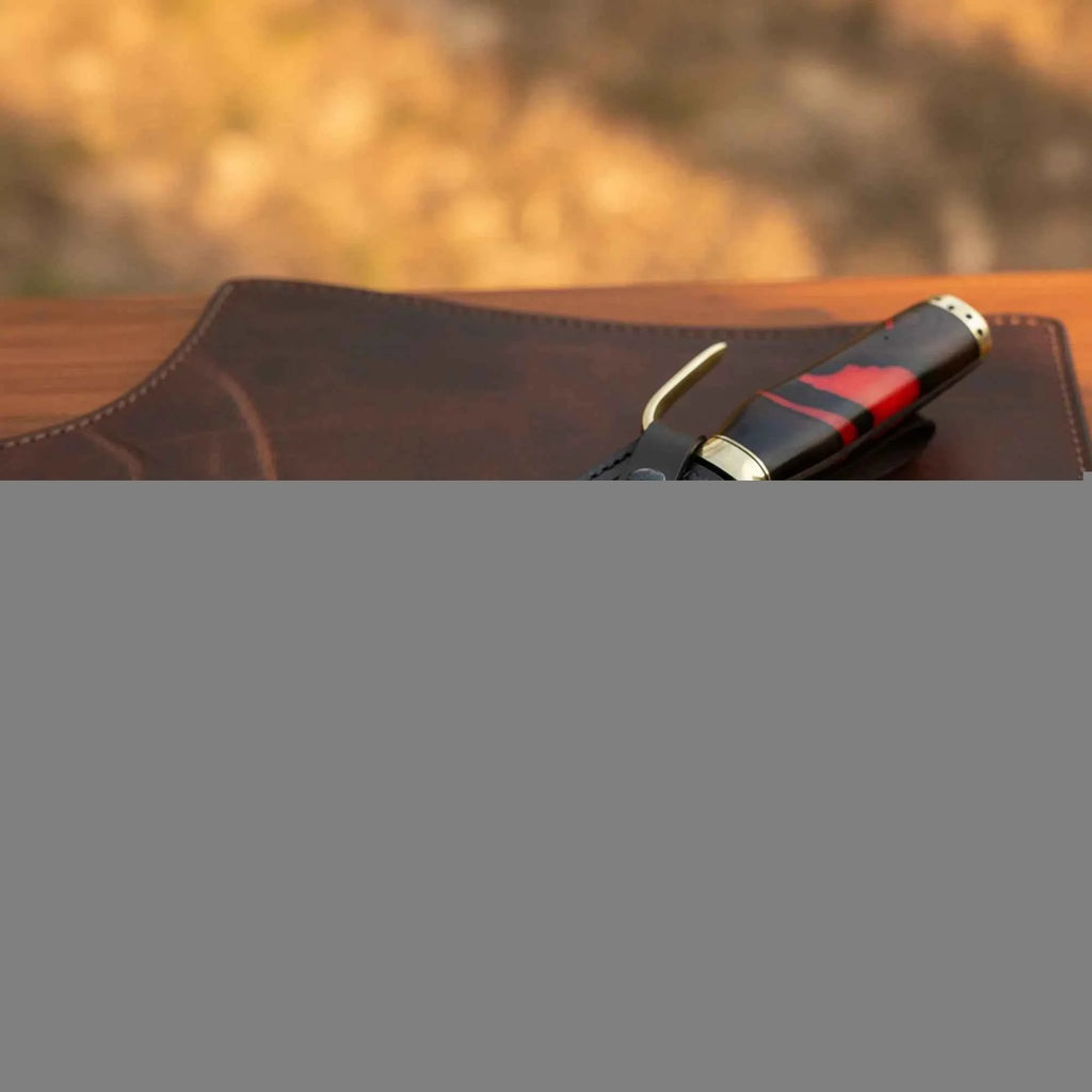 Red Micarta Handle Bowie Knife with Polished Drop Point Blade and Tooled Black Sheath