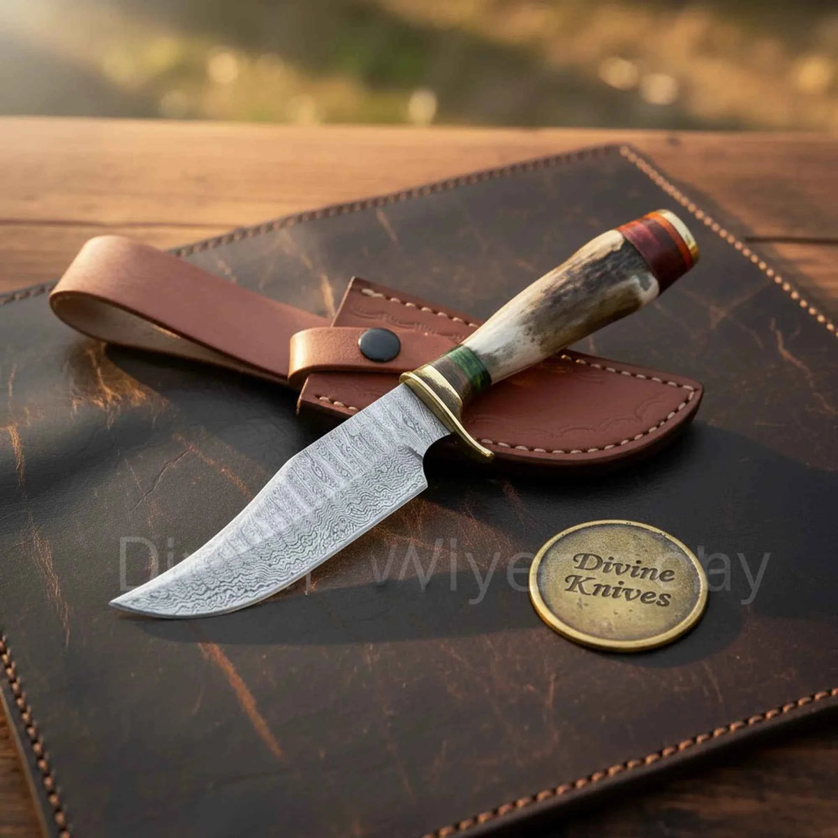 Stag Antler Skinning Knife with Hand Forged Curved Blade & Leather Belt Sheath