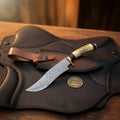Trailing Point Hunter Knife with Stag Horn Handle and Hand Forged Patterned Blade