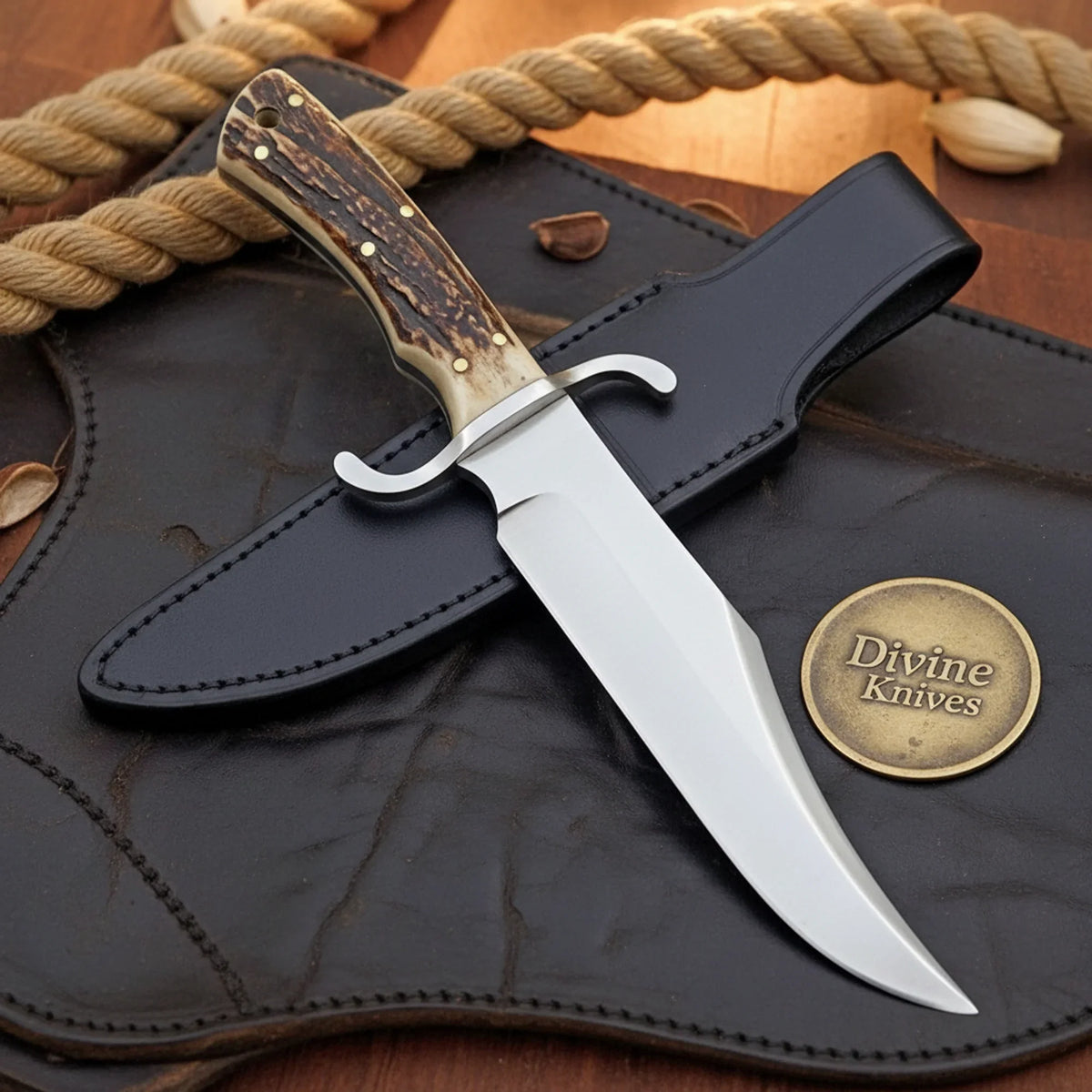 Jigged Stag Bowie knife with mirror polished clip point blade and leather sheath - Relic & Reel