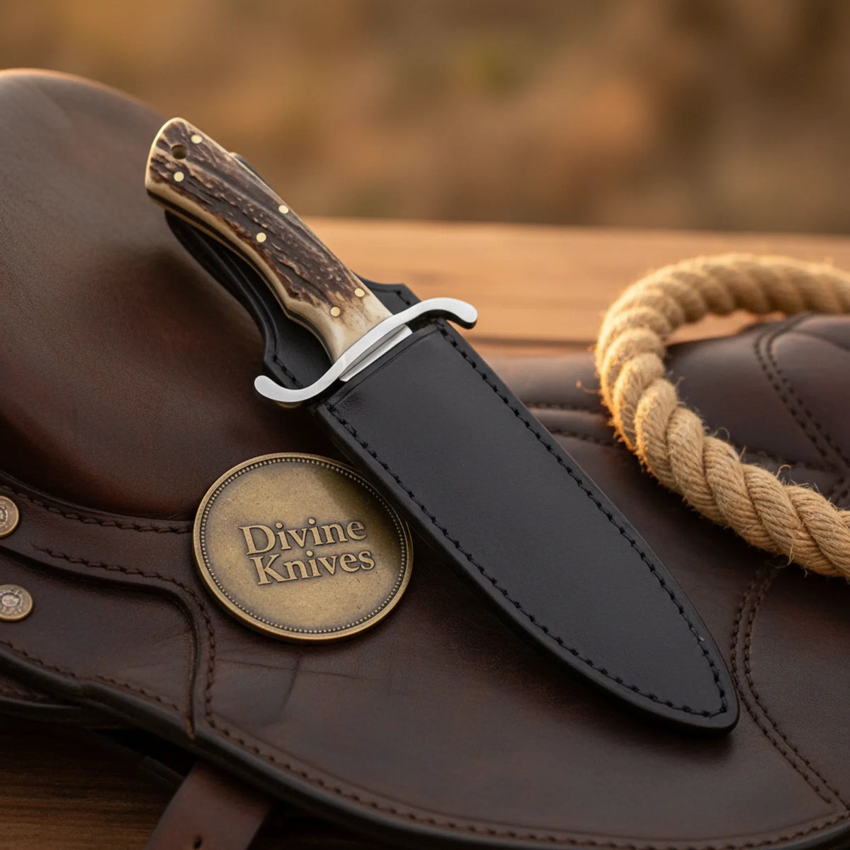 Jigged Stag Bowie Knife with Mirror Polished Clip Point Blade and Black Leather Sheath - Divine Knives