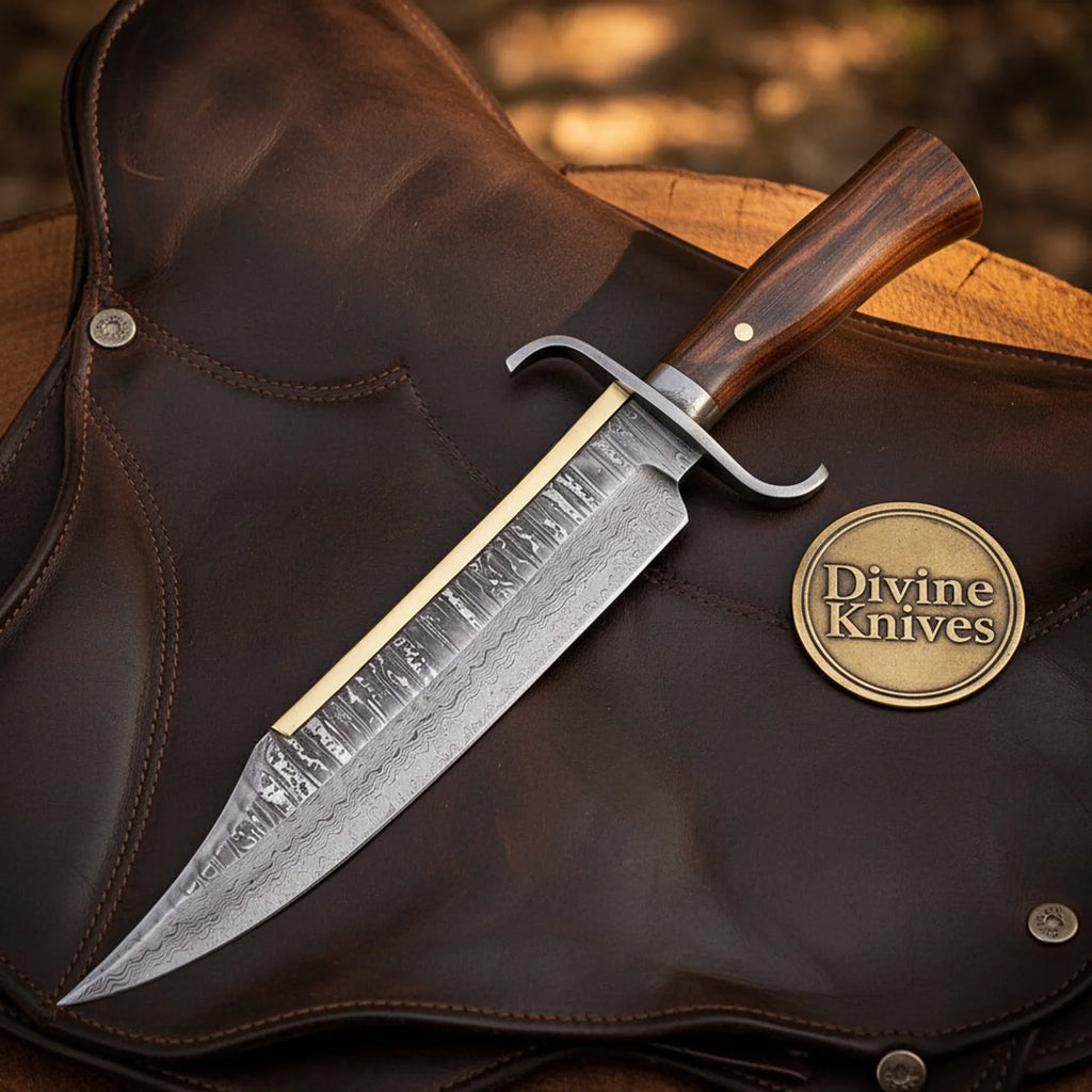 Hand Forged Frontier Bowie Knife with Rosewood Handle and Layered Clip Point Blade | Divine Knives