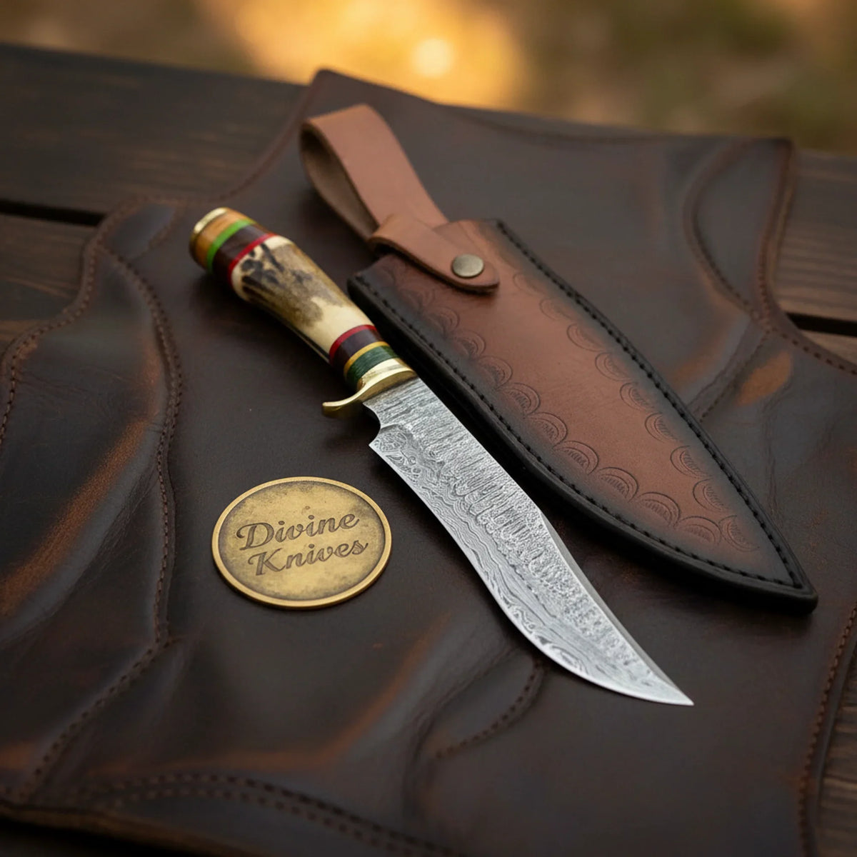 Antler Damascus Clip Point Bowie with Colorful Rings Handle - Outdoor fixed blade knife | Divine Knives