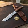 Sawback Reverse Tanto Damascus steel knife with walnut handle - Relic & Reel
