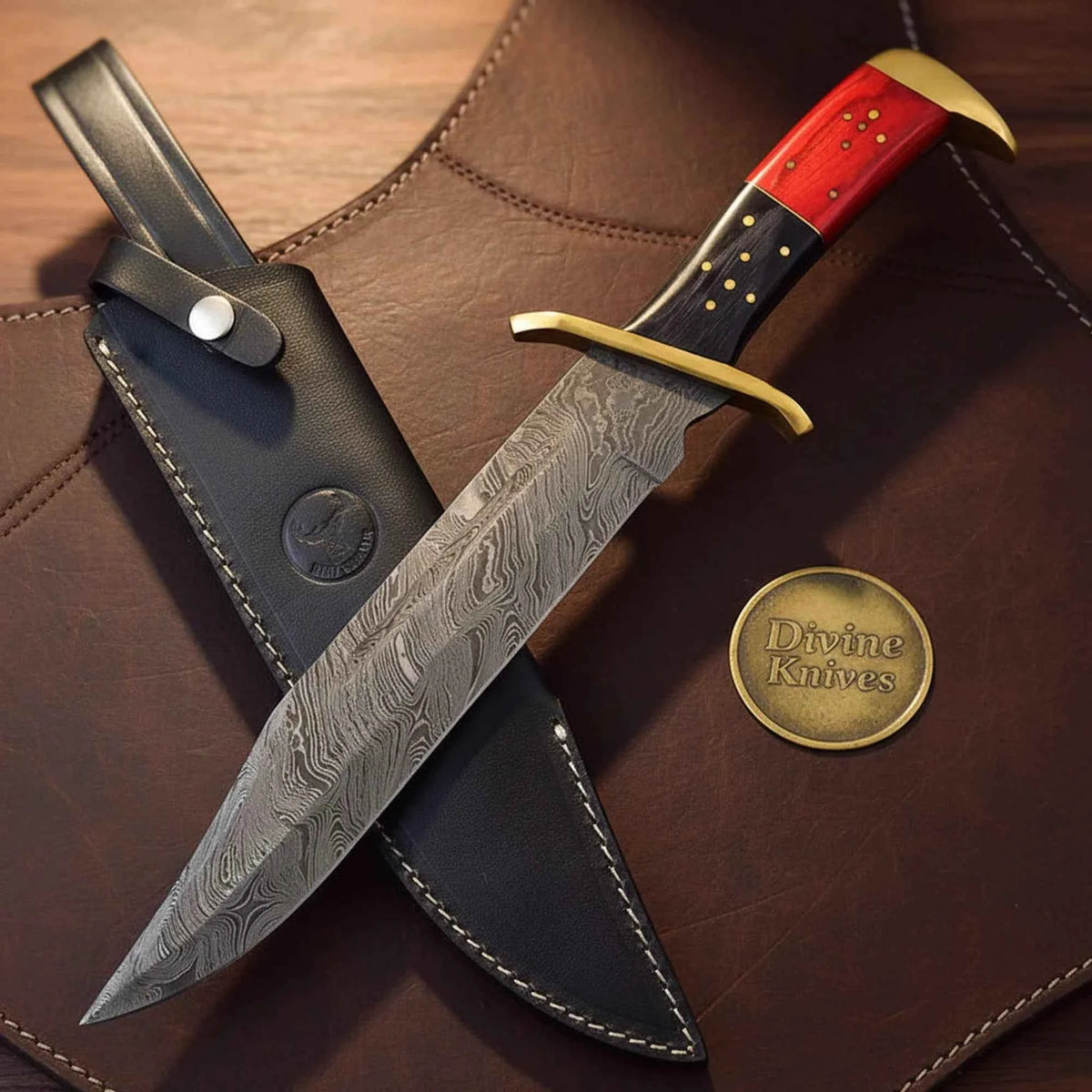 Twist Pattern Classic Bowie Knife with Red Pakkawood Handle & Brass Guard