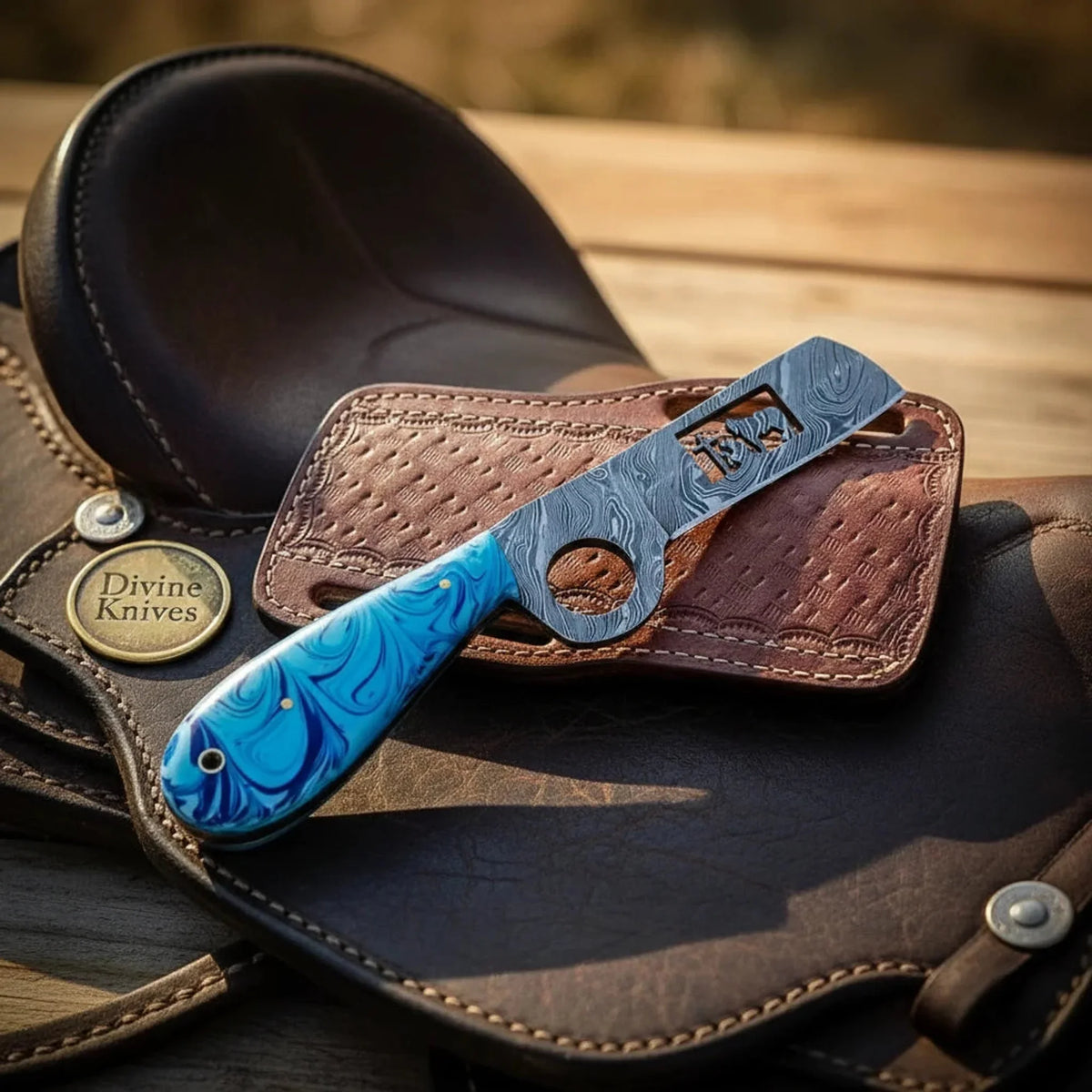 Blue swirl mini bull cutter outdoor fixed blade knife with basket-weave sheath - Relic & Reel