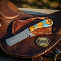 Blue Resin and Olive Wood Inlay Damascus steel folding knife | Divine Knives