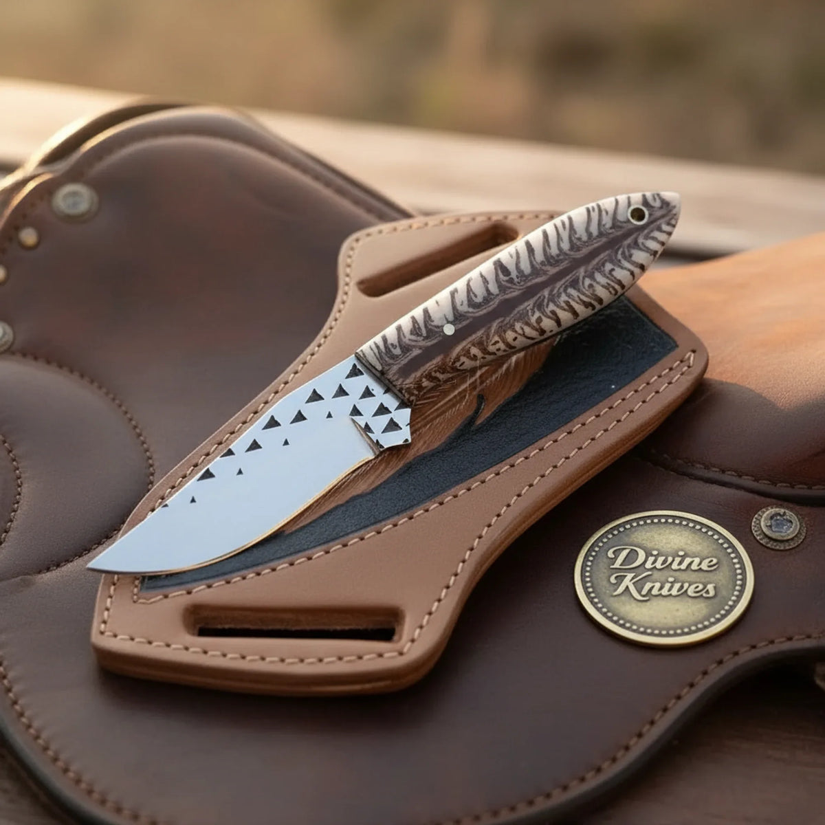 Studded Clip Point Hunter Knife with Textured Stag Bone Handle | Divine Knives