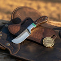 Rosewood Turquoise Bull Cutter Knife with Damascus steel blade | Divine Knives - Relic & Reel
