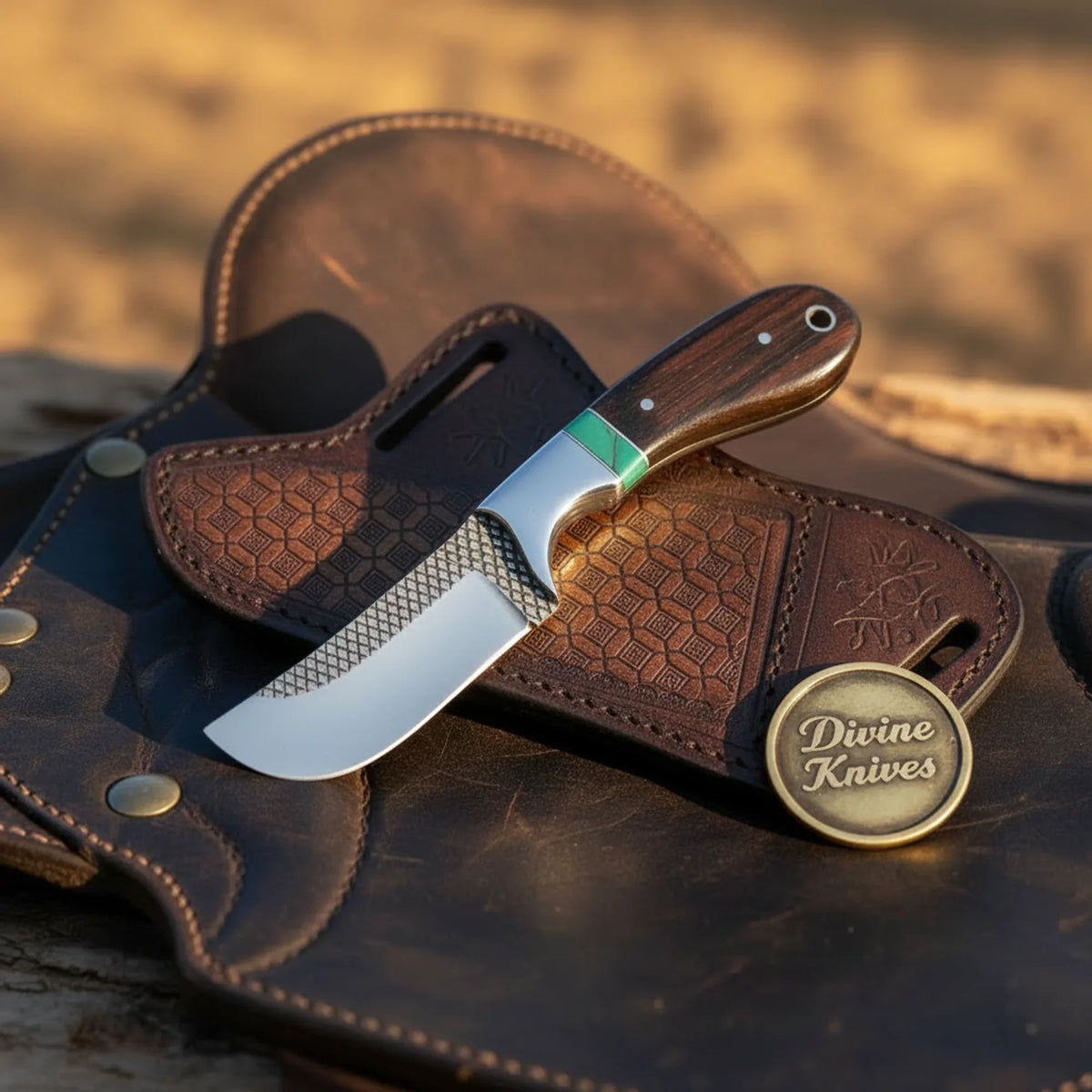 Rosewood Turquoise Bull Cutter Knife with Damascus steel blade | Divine Knives - Relic & Reel