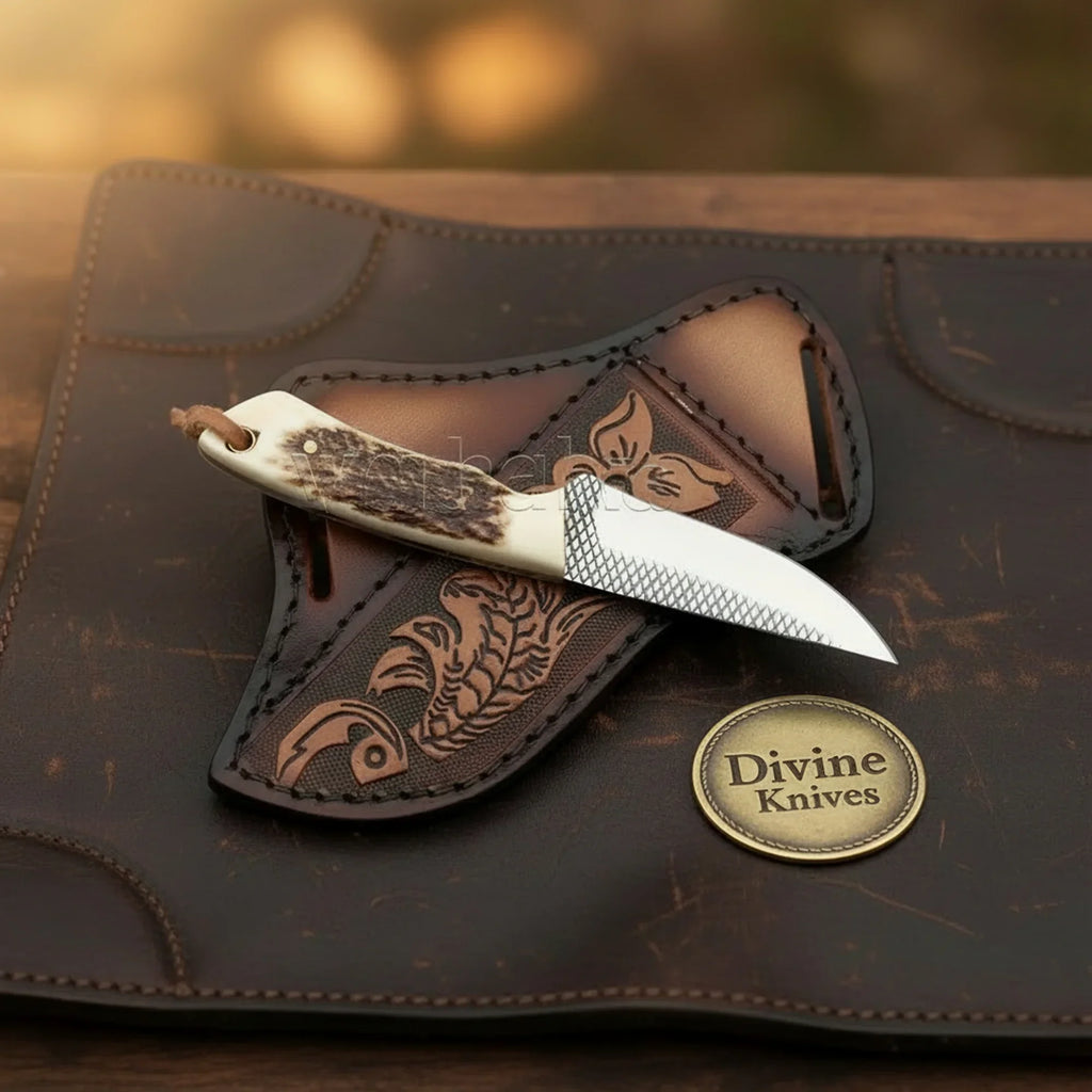 Stag antler patch skinner knife with cross-hatch blade - Divine Knives | Relic & Reel