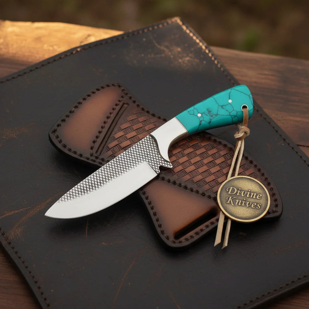 Turquoise stone skinner knife with cross-hatch blade - Divine Knives | Relic & Reel