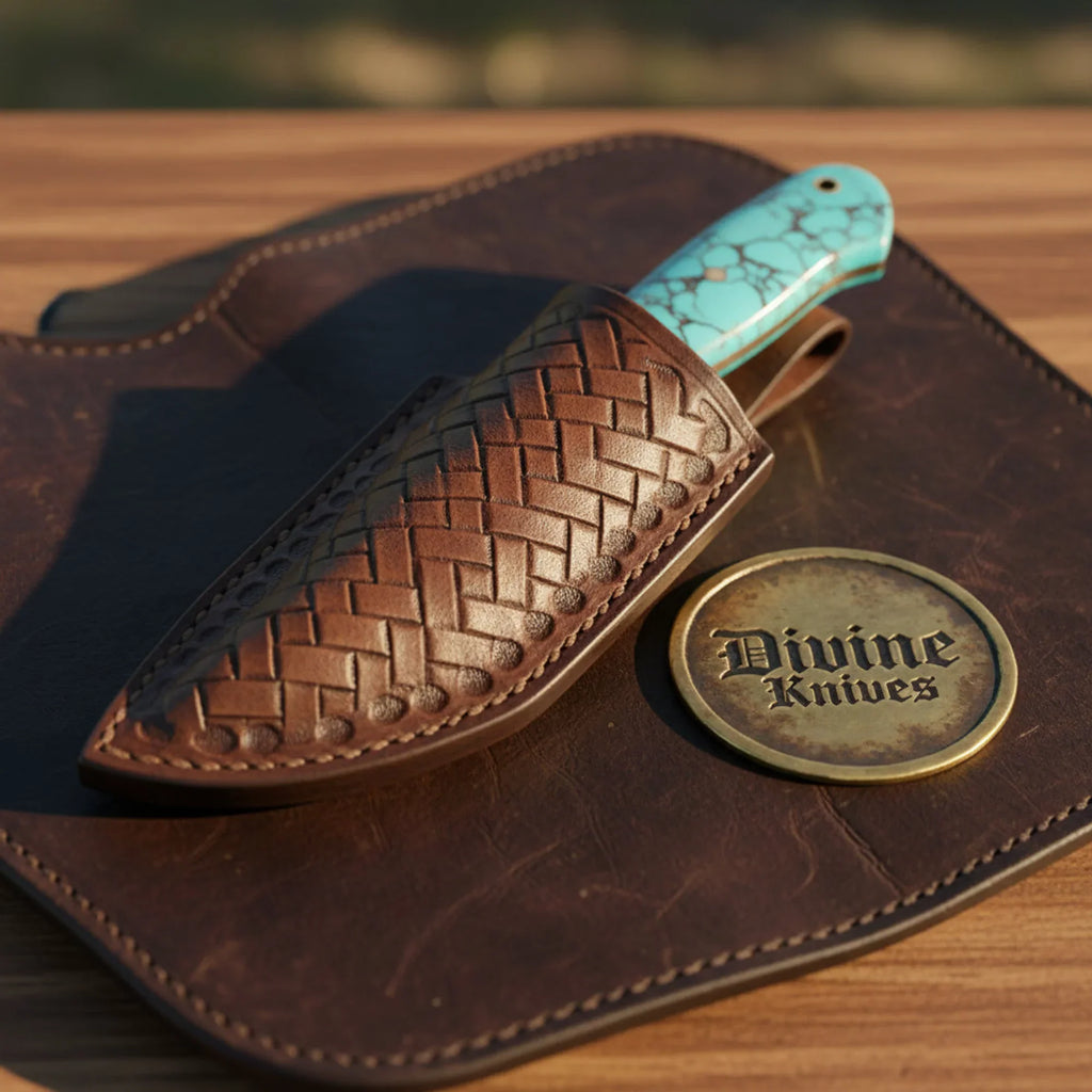 Turquoise Stone Skinner Knife with Cross-Hatch Blade | Divine Knives